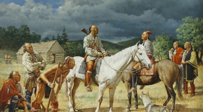 robert Griffing general braddock horse native american indian encampment western oil painting