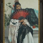 Terri Kelly Moyers "El Abanico Rojo" (The Red Fan) mexican fan girl dress oil painting