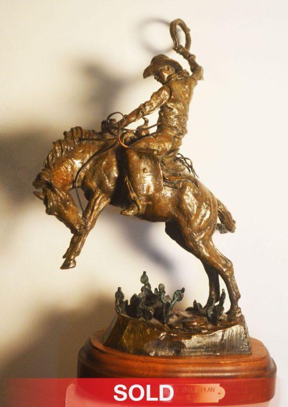 Fred Fellows Sticking With The Game Plan cowboy bucking horse western bronze scultpure sold