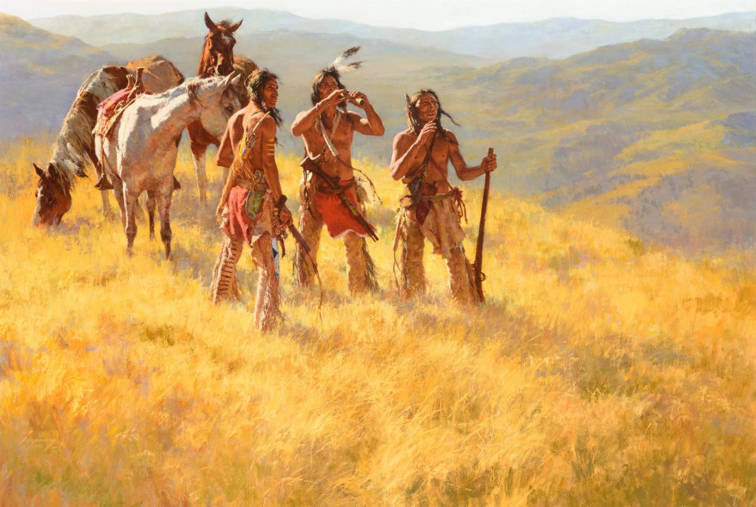 howard terpning dust of many ponies native american indian horses rifles western oil painting