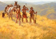 howard terpning dust of many ponies native american indian horses rifles western oil painting