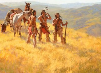 howard terpning dust of many ponies native american indian horses rifles western oil painting