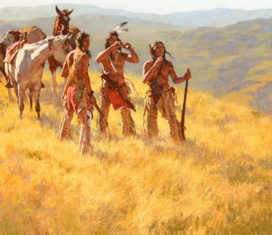 howard terpning dust of many ponies native american indian horses rifles western oil painting