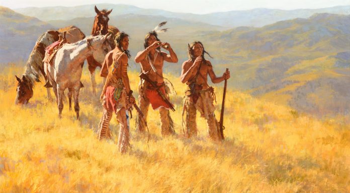 howard terpning dust of many ponies native american indian horses rifles western oil painting