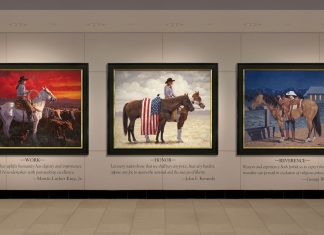 jim connelly colors of freedom triptych cowboy cowgirl American flag horse equine liberty patriotism western oil painting