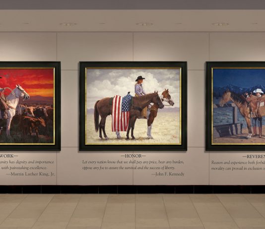jim connelly colors of freedom triptych cowboy cowgirl American flag horse equine liberty patriotism western oil painting