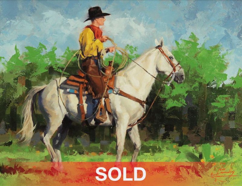 jim connelly yellow shirt cowboy horse horseback western oil painting