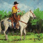 jim connelly yellow shirt cowboy horse horseback western oil painting