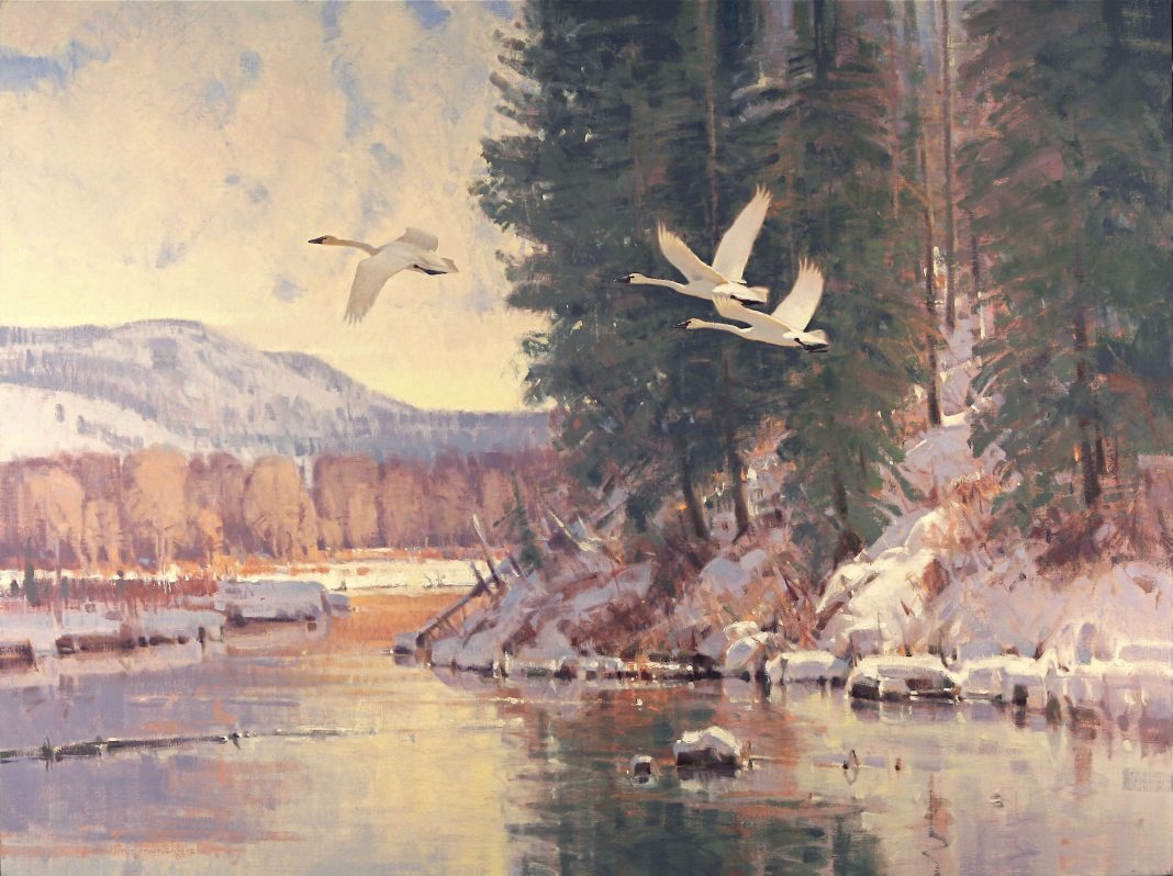 Jim Morgan A Time To Leave swan lake mountain river snow lake wildlife oil painting