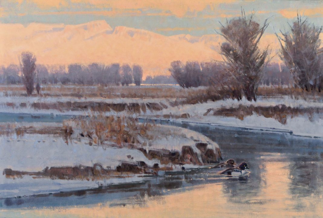 Jim James Morgan A Winter Evening ducks barrows goldeneye bird wildlife oil painting stream river brook snow winter icy