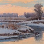 Jim James Morgan A Winter Evening ducks barrows goldeneye bird wildlife oil painting stream river brook snow winter icy