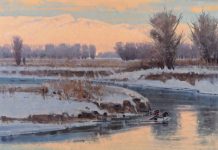 Jim James Morgan A Winter Evening ducks barrows goldeneye bird wildlife oil painting stream river brook snow winter icy