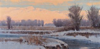 Jim James Morgan A Winter Evening ducks barrows goldeneye bird wildlife oil painting stream river brook snow winter icy