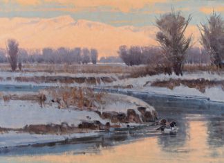 Jim James Morgan A Winter Evening ducks barrows goldeneye bird wildlife oil painting stream river brook snow winter icy