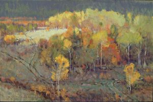 jim morgan if you come to a fork in the road take it trees autumn colors landscape oil painting