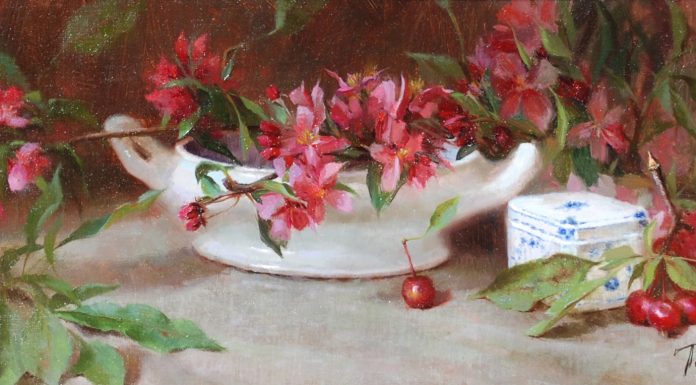 timothy thies apple blossoms stillife oil painting