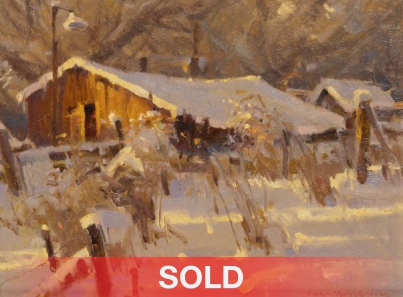 Jim Morgan "Hazel's Backyard" snow farm ranch oil painting sold