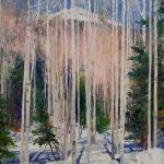 curt walters enticement birch aspen trees forest snow capped mountain snowy landscape oil painting