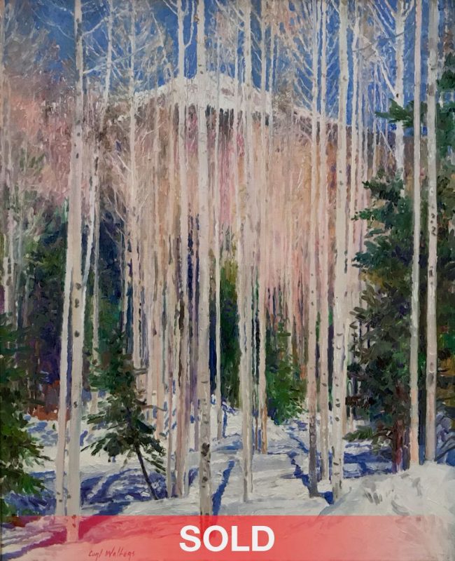 curt walters enticement birch aspen trees forest snow capped mountain snowy landscape oil painting