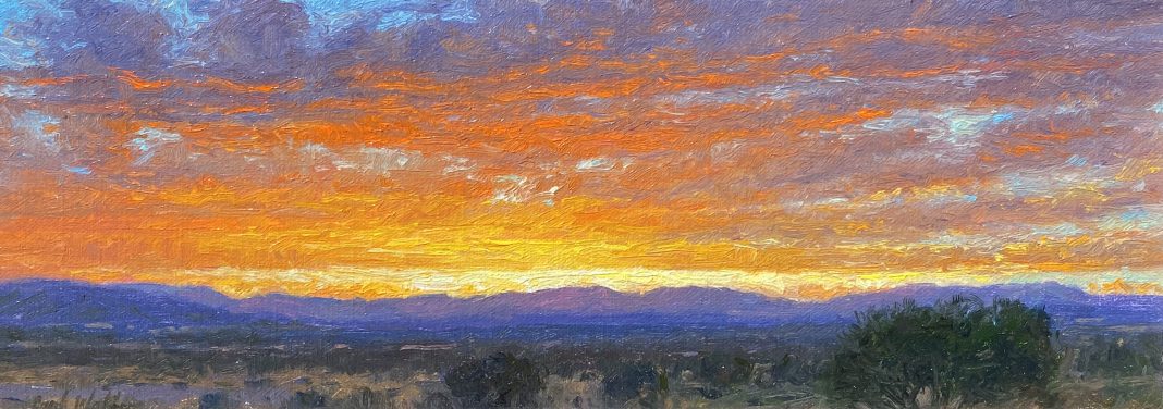 Curt Walters Sunset Over Mingus clouds colorful sky purple mountains majesty western landscape oil painting Prescott Arizona