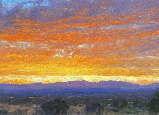 Curt Walters Sunset Over Mingus clouds colorful sky purple mountains majesty western landscape oil painting Prescott Arizona