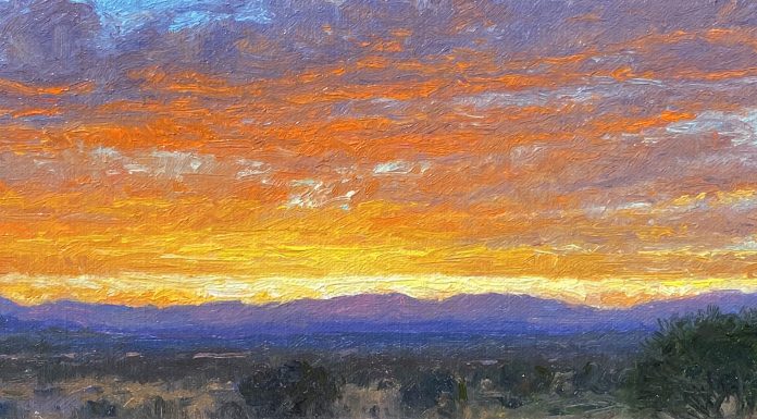 Curt Walters Sunset Over Mingus clouds colorful sky purple mountains majesty western landscape oil painting Prescott Arizona