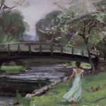 Daniel Gerhartz Softness Of Spring Study female girl figure figurative bridge river stream brook impressionistic landscape oil painting