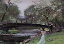 Daniel Gerhartz Softness Of Spring Study female girl figure figurative bridge river stream brook impressionistic landscape oil painting