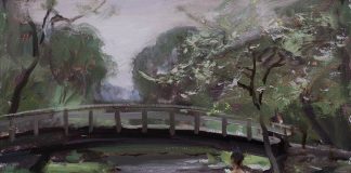 Daniel Gerhartz Softness Of Spring Study female girl figure figurative bridge river stream brook impressionistic landscape oil painting