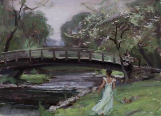 Daniel Gerhartz Softness Of Spring Study female girl figure figurative bridge river stream brook impressionistic landscape oil painting