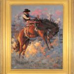 jim connelly determination cowboy bucking horse rodeo action western oil painting equine