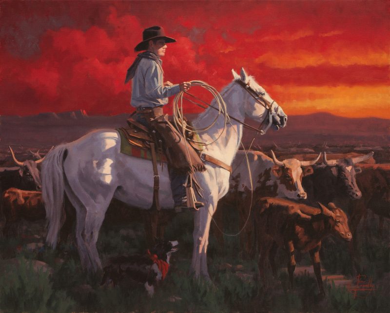 Jim Connelly Colors Of Freedom cowboy white horse landscape cattle working cowboy western oil painting patriotic