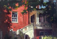 patrick saunders a window onto bentley's backyard house dog stairway impressionistic oil painting