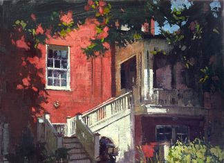 patrick saunders a window onto bentley's backyard house dog stairway impressionistic oil painting
