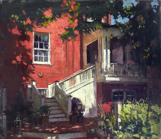 patrick saunders a window onto bentley's backyard house dog stairway impressionistic oil painting