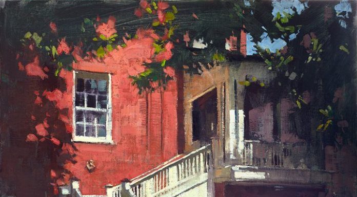 patrick saunders a window onto bentley's backyard house dog stairway impressionistic oil painting