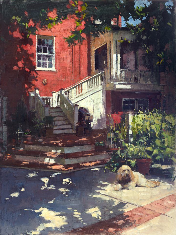 patrick saunders a window onto bentley's backyard house dog stairway impressionistic oil painting