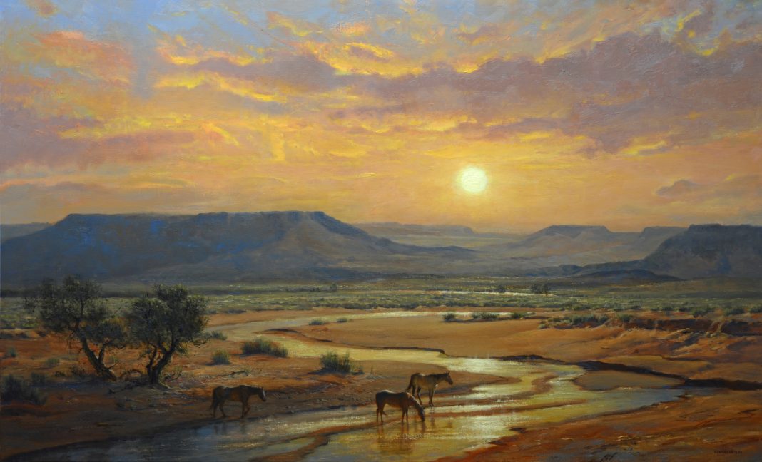 Robert Peters Arizona Gold horses river stream brook equine sunrise sunset western oil landscape painting