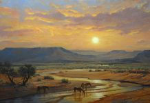 Robert Peters Arizona Gold horses river stream brook equine sunrise sunset western oil landscape painting