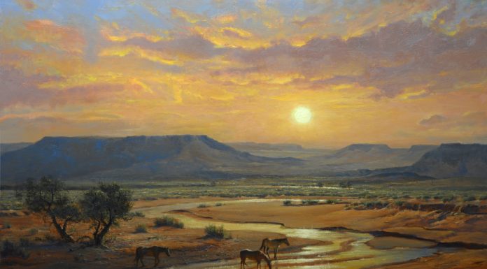 Robert Peters Arizona Gold horses river stream brook equine sunrise sunset western oil landscape painting