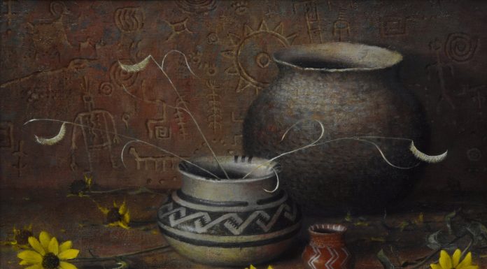 robert peters autumn of the ancients native american still life oil painting relics artifacts