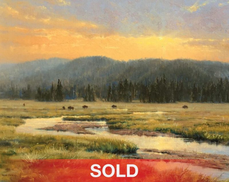 Robert Peters Calm Was The Day buffalo bison Jackson Hole Snake River Wyoming sunset river stream landscape oil painting sold