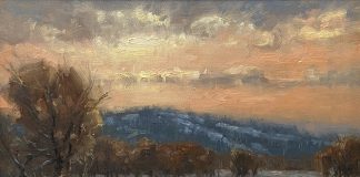 Robert Peters Gentle Hours snow mountain moody sky trees frozen river stream creek brook landscape oil painting