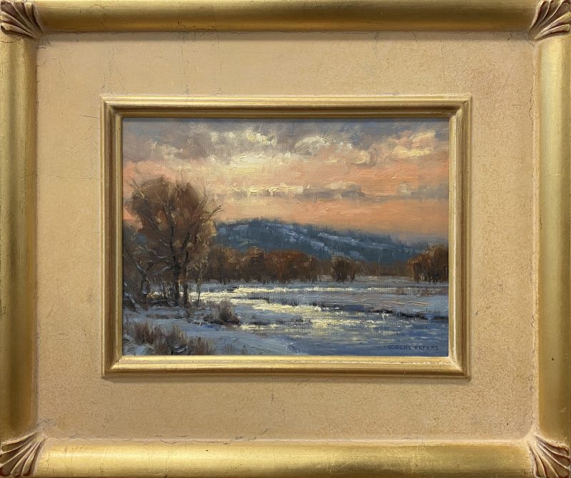 Robert Peters Gentle Hours snow mountain moody sky trees frozen river stream creek brook landscape oil painting framed