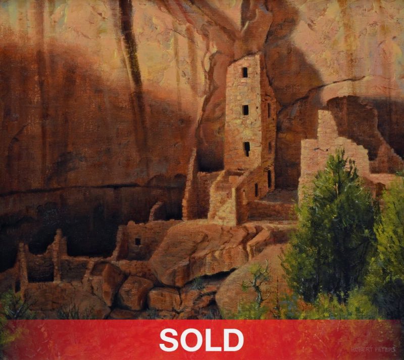 robert peters last light square tower native american architecture relics artifacts oil painting
