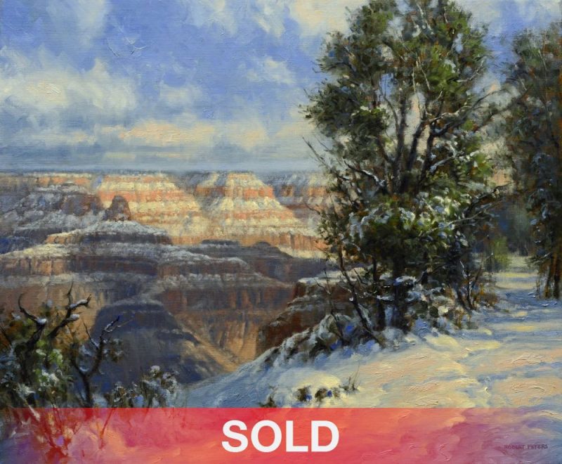 Robert Bob Peters Rim Trail In Winter Grand Canyon snow trees clouds western landscape oil painting sold