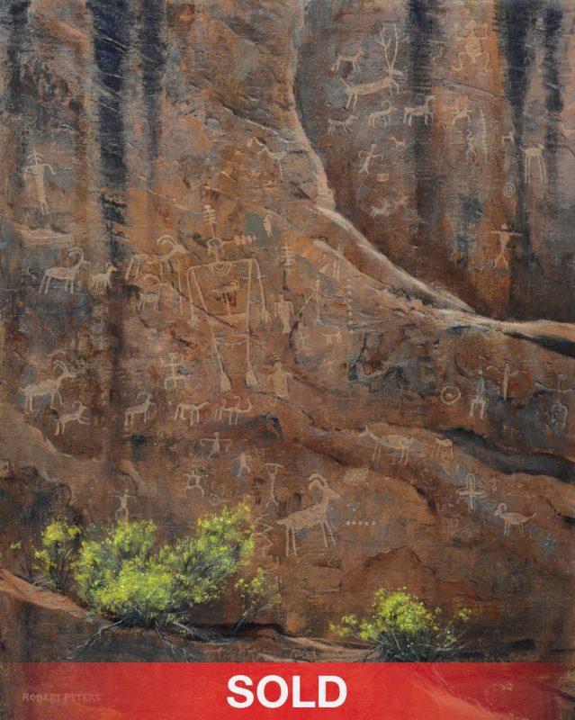 robert peters storytellers of the san juan river artifacts petroglyphs canyon wall landscape western oil painting