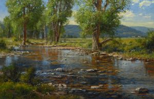 robert peters wandering shallows landscape stream river trees oil painting