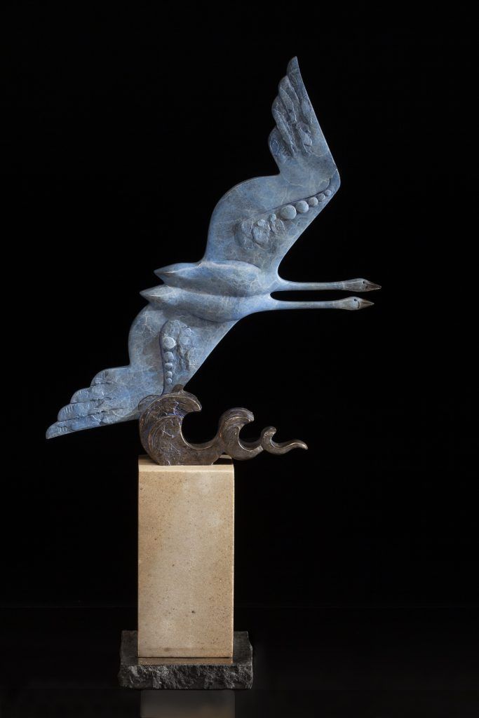 Tim Cherry Against The Wind Swan flight flying contemporary wildlife bronze sculpture