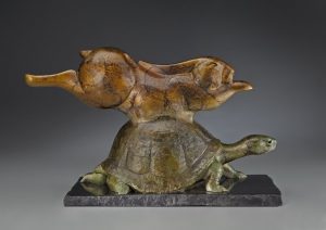tim cherry by a nose rabbit tortoise wildlife bronze sculpture